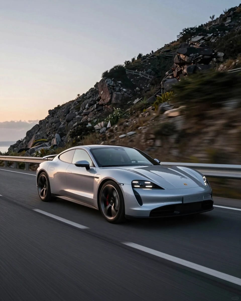 Sleek silver sports car with no logos on a coastal mountain road at dusk, motion blur, automotive advertising