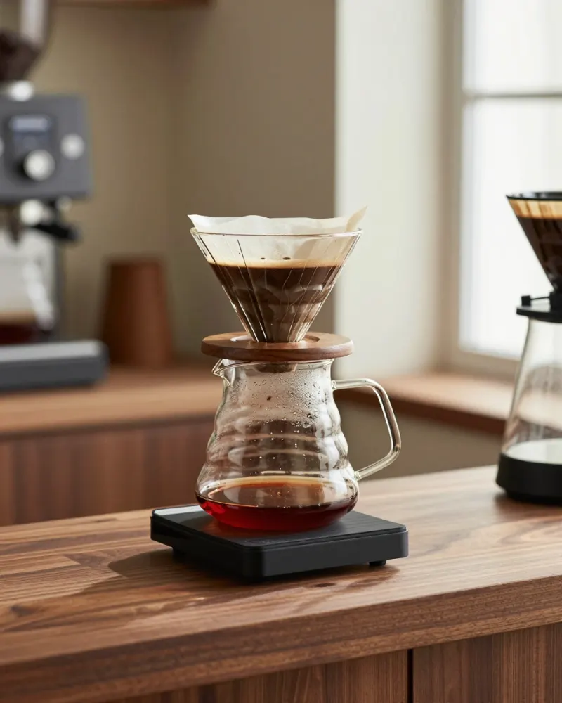 Specialty pour-over coffee setup with a glass carafe on a walnut bar counter, soft morning light