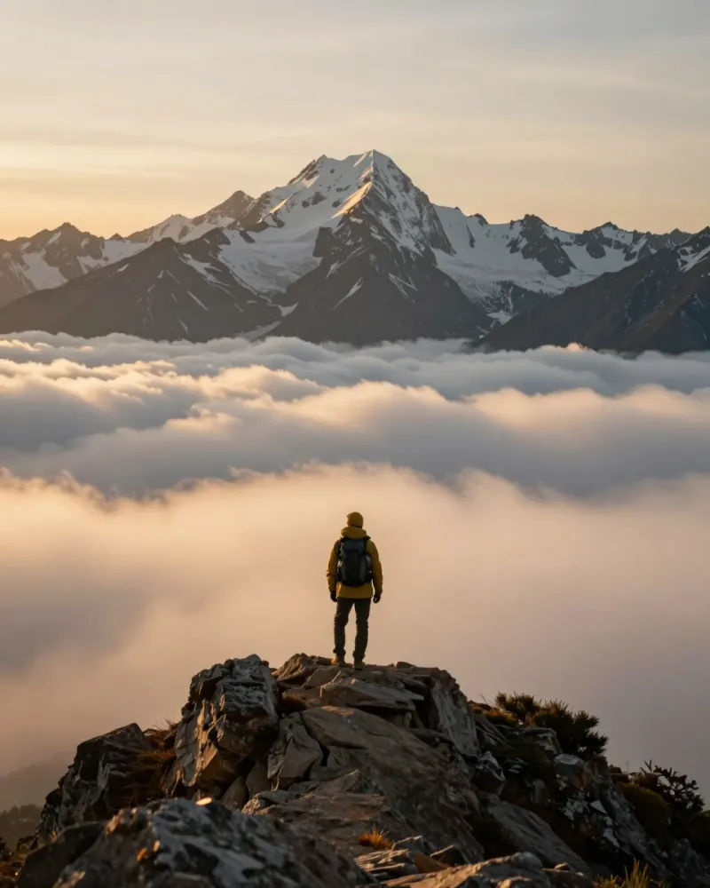 Hiker standing on a rocky ridge above a sea of clouds at sunrise, golden light on snowy peaks