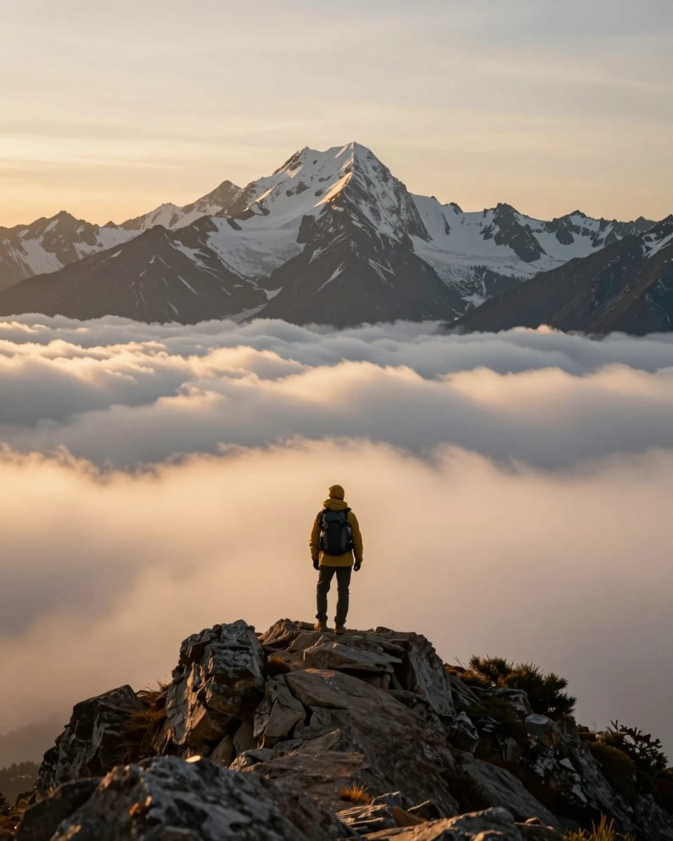 Hiker standing on a rocky ridge above a sea of clouds at sunrise, golden light on snowy peaks