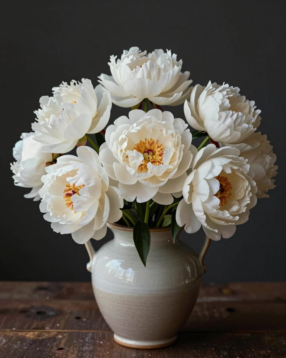 Bouquet of white peonies in a ceramic vase against a dark background, Dutch master style lighting, fine-art still life