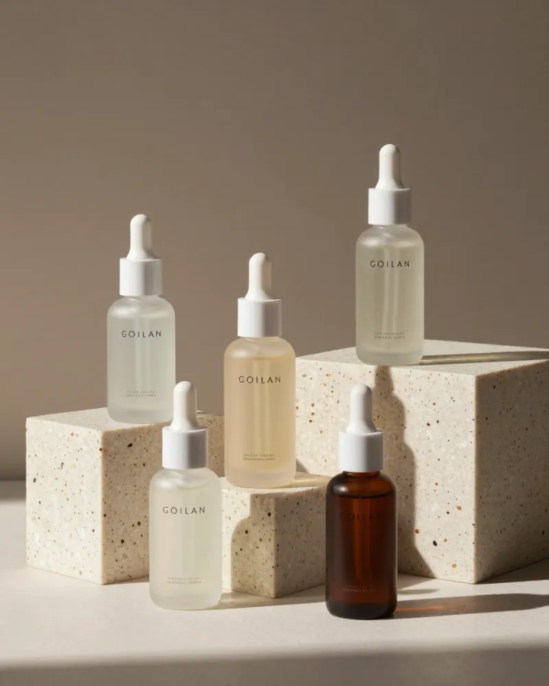 Minimal skincare serum bottles arranged on travertine blocks with soft shadows, clean beauty photography
