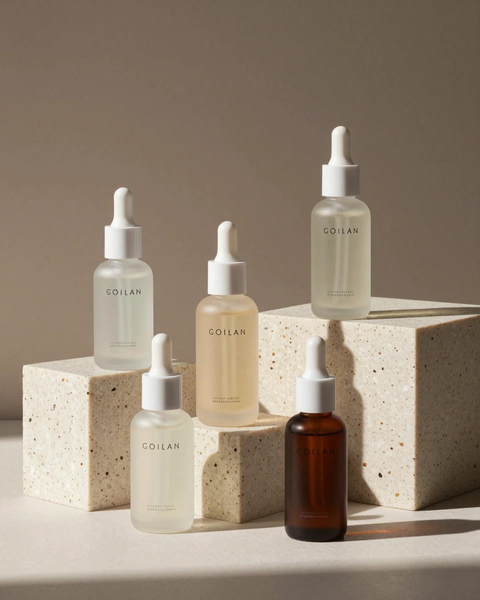 Minimal skincare serum bottles arranged on travertine blocks with soft shadows, clean beauty photography