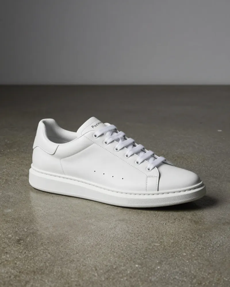 Luxury white leather sneaker on polished concrete, soft studio light, clean minimal product shot
