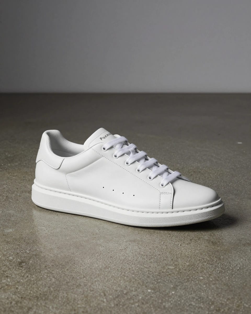 Luxury white leather sneaker on polished concrete, soft studio light, clean minimal product shot
