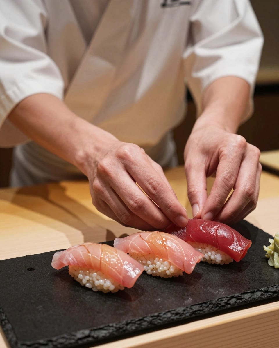 Omakase sushi nigiri on a black slate counter, chef hands placing fresh tuna, intimate Tokyo restaurant
