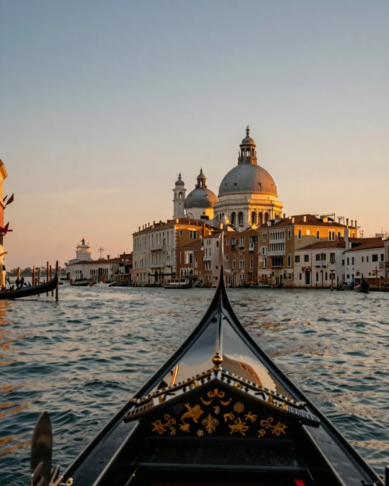 Venice Grand Canal at sunset seen from a gondola, golden light on historic palazzi, cinematic travel photography