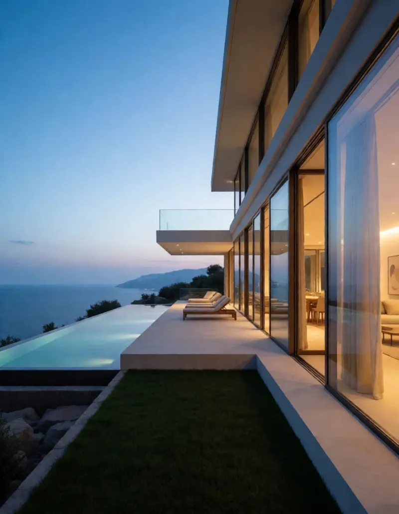 Nano Banana 2.1 prompt: Minimalist luxury villa with an infinity pool overlooking the sea at blue hour, warm interior lights, architectural photography