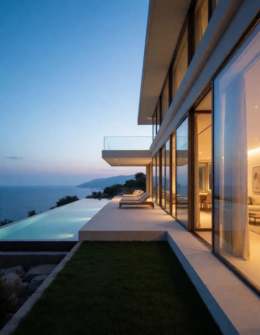 Nano Banana 2.1 prompt: Minimalist luxury villa with an infinity pool overlooking the sea at blue hour, warm interior lights, architectural photography