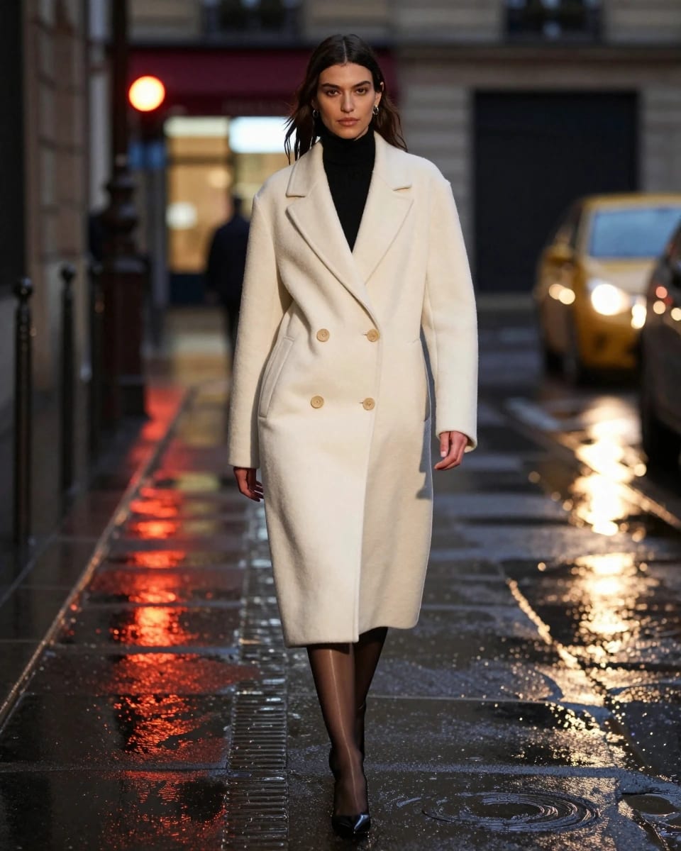Nano Banana 2.1 prompt: High-fashion editorial of a model in a tailored ivory wool coat walking a rain-slicked Paris street at night, cinematic reflections