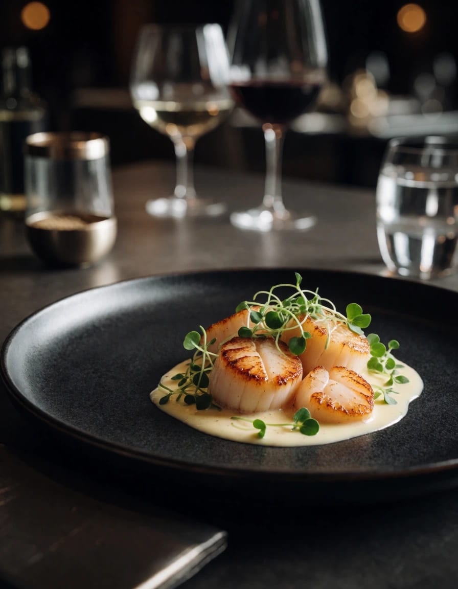 Nano Banana 2.1 prompt: Fine-dining plate of seared scallops with microgreens and beurre blanc on a matte black ceramic plate, moody Michelin restaurant lighting