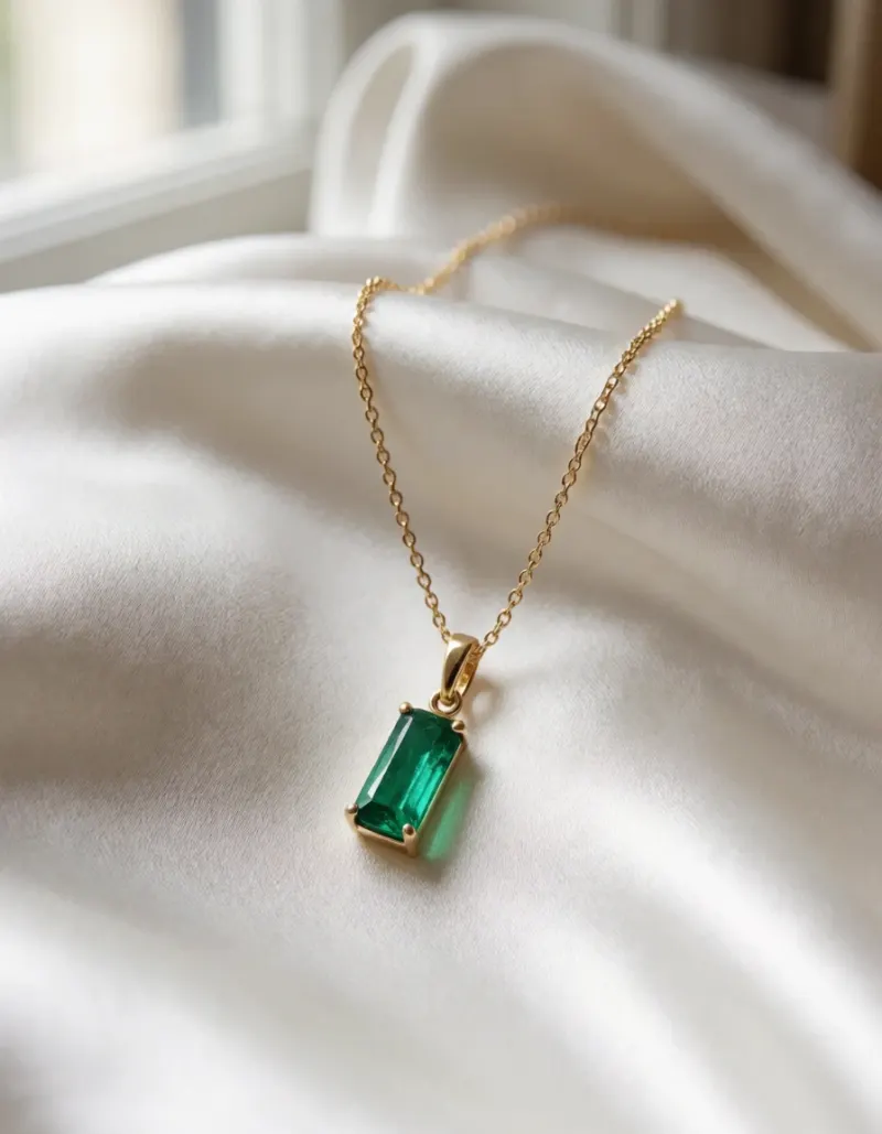 Nano Banana 2.1 prompt: Close-up of a delicate gold necklace with an emerald pendant draped over white silk, soft window light, luxury jewelry photography