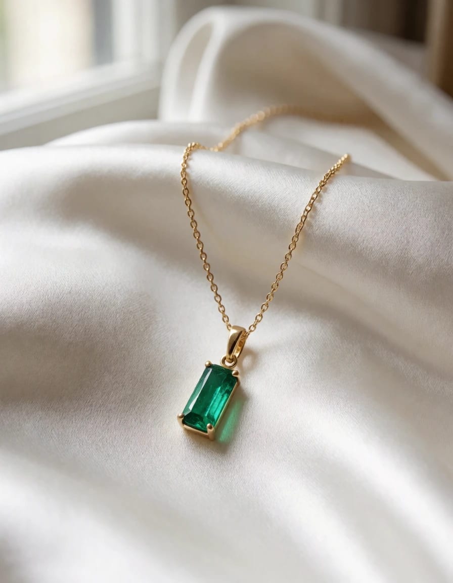Nano Banana 2.1 prompt: Close-up of a delicate gold necklace with an emerald pendant draped over white silk, soft window light, luxury jewelry photography