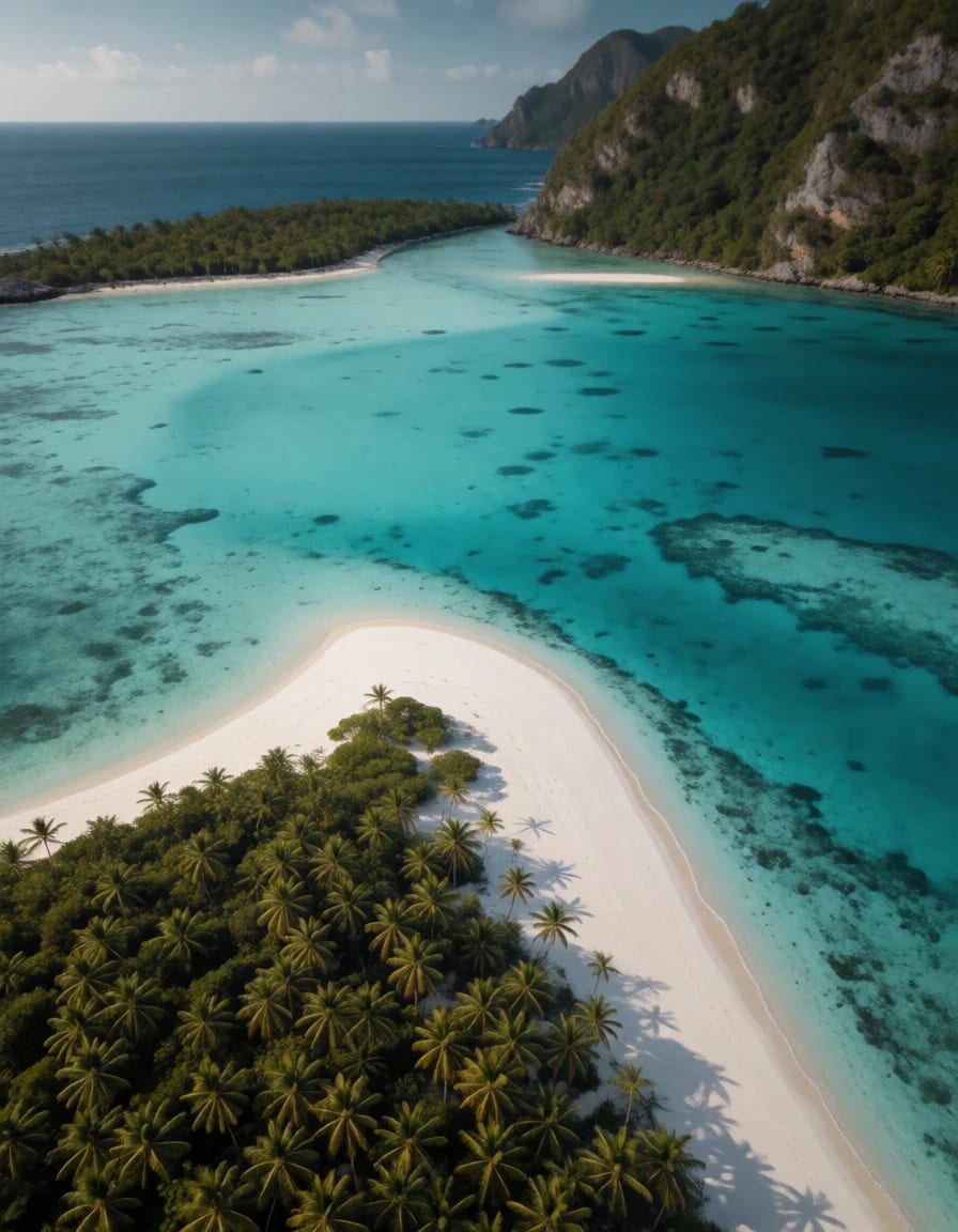 Nano Banana 2.1 prompt: Aerial view of a turquoise lagoon and a white sand island, ultra-detailed 4K landscape photography