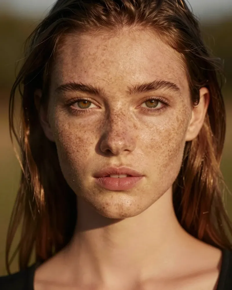 Nano Banana 2.1 prompt: Editorial portrait of a young woman with freckles in golden hour light, natural skin texture, shallow depth of field, shot on 85mm