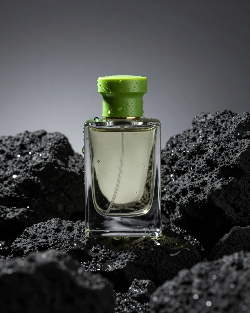 Nano Banana 2.1 prompt: Luxury perfume bottle standing on wet black volcanic rocks, lime green rim light, water droplets, studio product photography
