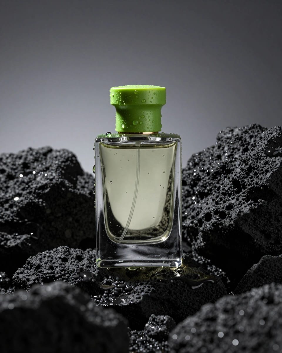 Nano Banana 2.1 prompt: Luxury perfume bottle standing on wet black volcanic rocks, lime green rim light, water droplets, studio product photography