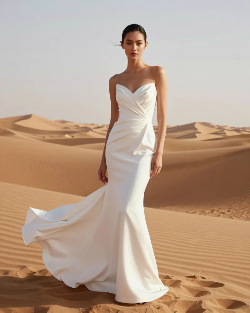Fashion model in a sculptural white gown standing in desert dunes at golden hour, wind in the fabric