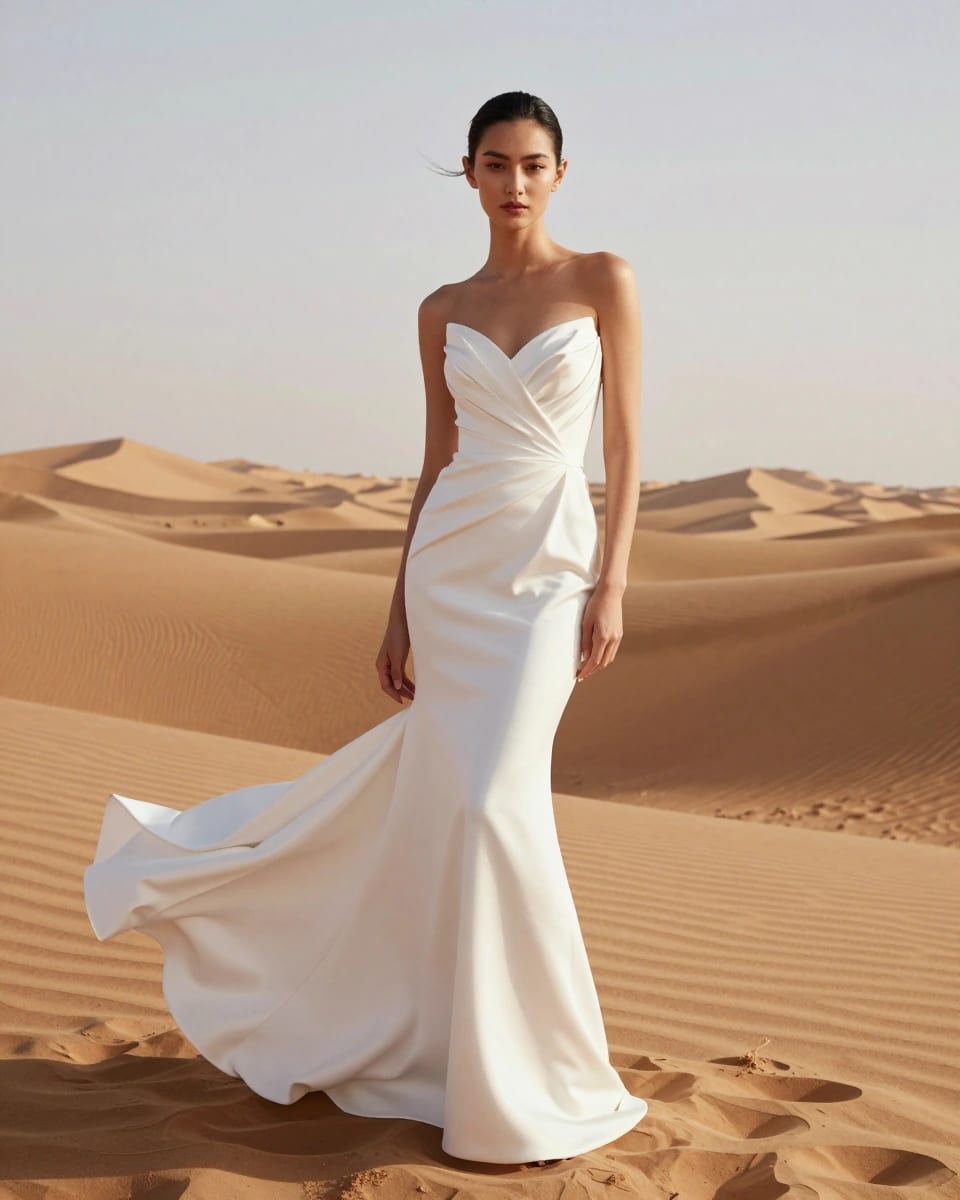 Fashion model in a sculptural white gown standing in desert dunes at golden hour, wind in the fabric
